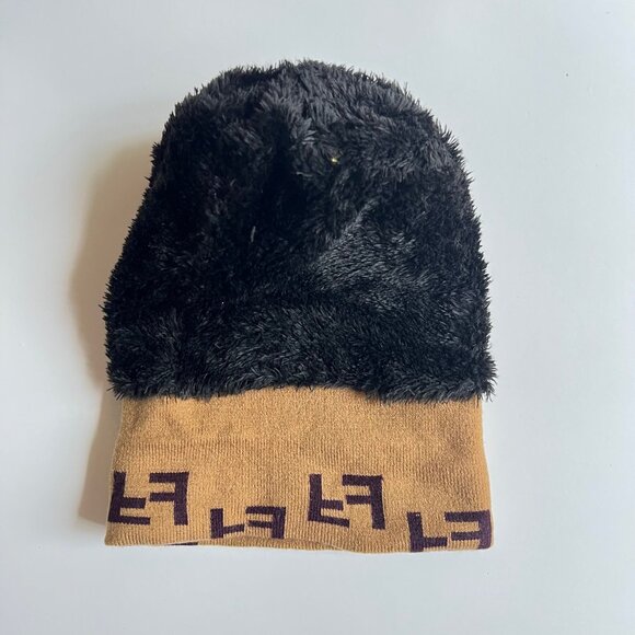 Knit Beanie Tuque with Faux Fur Pom – Brown & Tan Double F Pattern Hat - Picture 12 of 16